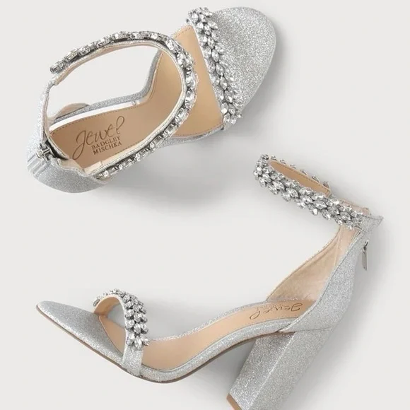 NEW Badgley Mischka Mayra Silver Glitter Rhinestone Ankle Strap Heels - Picture 9 of 12